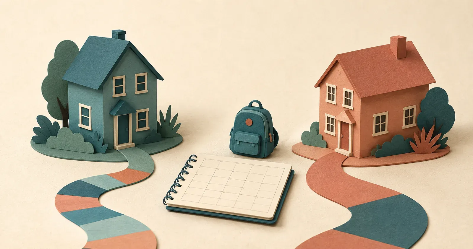 Two paper houses, a school backpack, and an unfilled planner illustrate comparing shorter stays with full alternating weeks