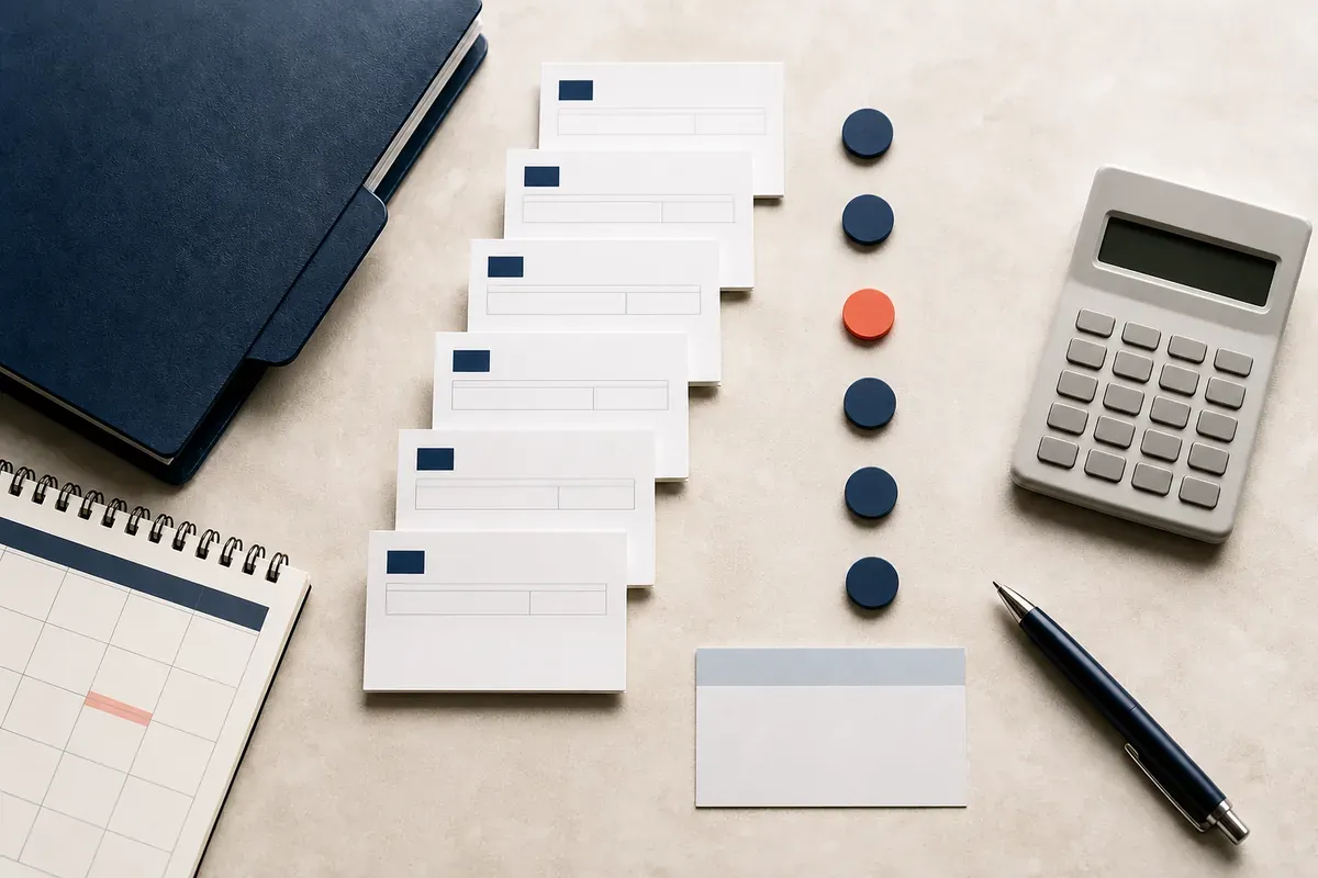 A support-payment history with one exception marker, recurring entries, a calculator, and a blank reconciliation card