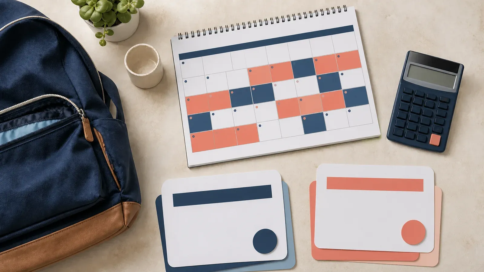 A two-color parenting calendar beside two abstract household input cards, a calculator, and a child backpack