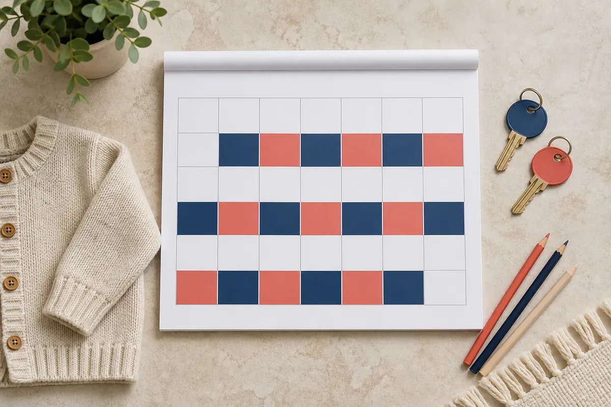A shared parenting calendar with alternating color blocks, two house keys, and a child sweater