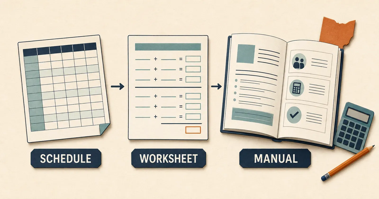 Editorial illustration distinguishing a support schedule, calculation worksheet, and instruction manual, not reproductions of official forms