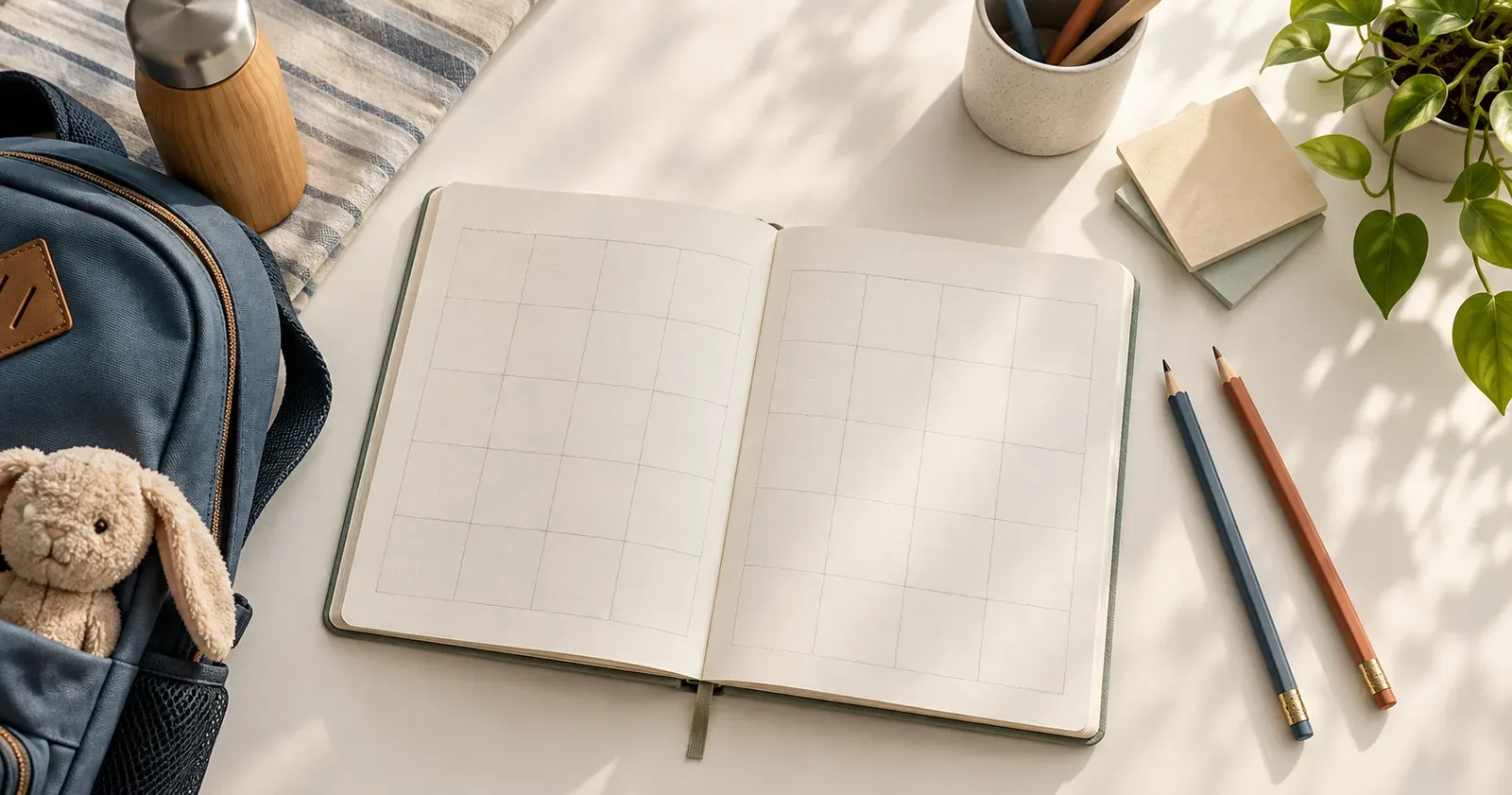 Blank calendar planner, pencils and school backpack ready for planning a child's routine