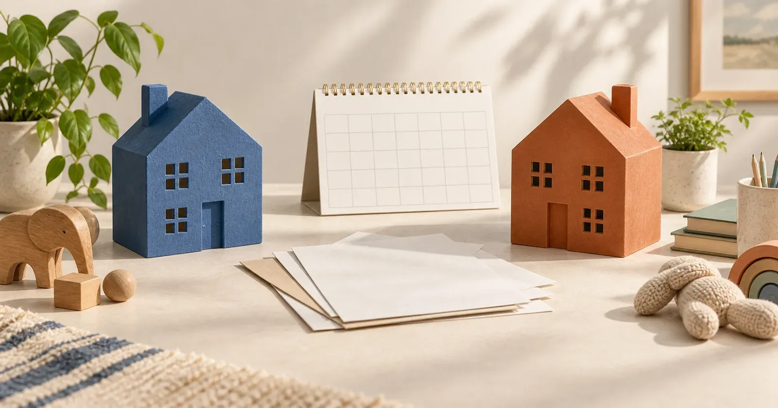 Two model homes beside a blank calendar and expense papers, illustrating planning across households