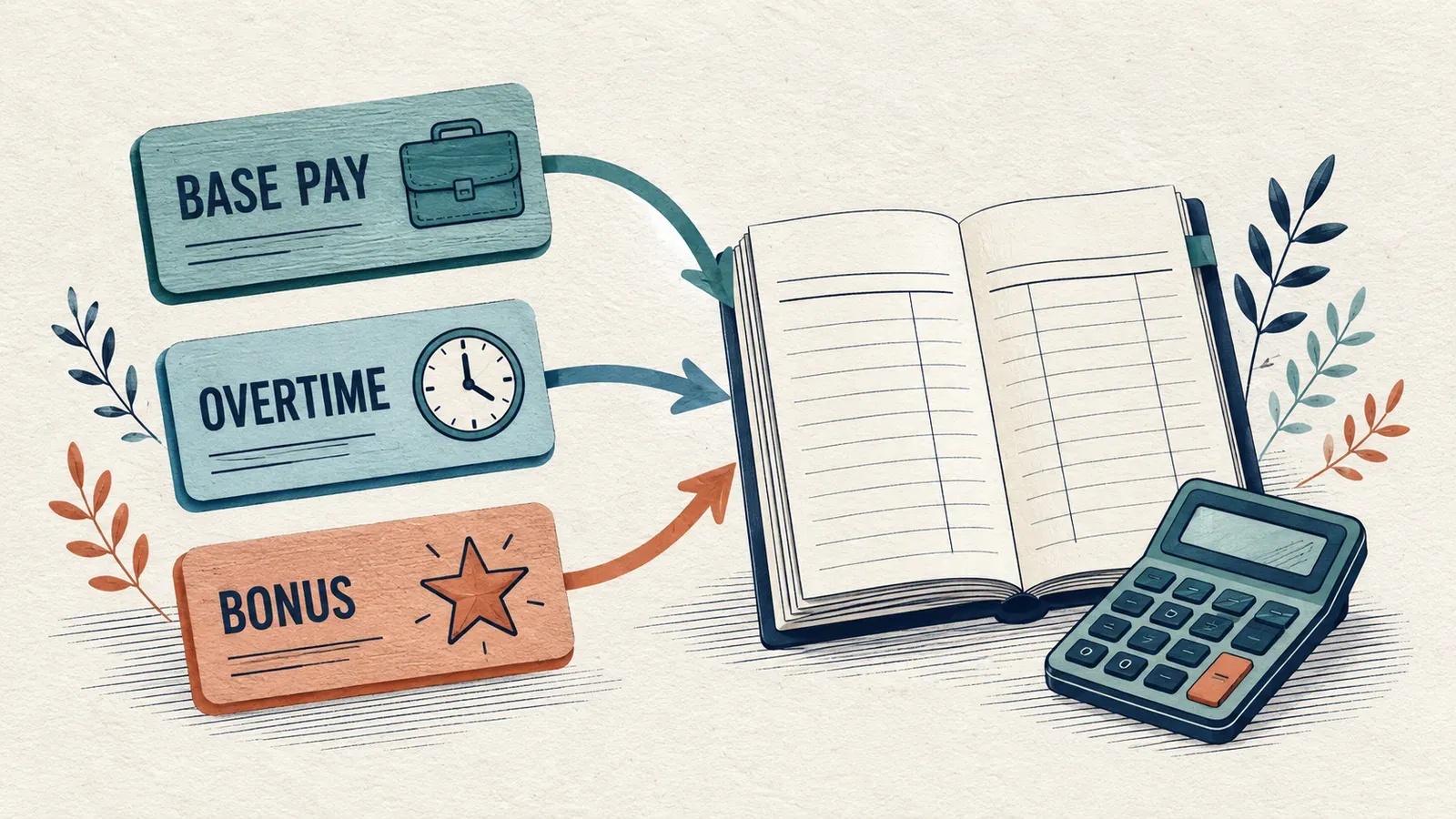 Base pay, overtime, and bonus cards feed into one calculation ledger, illustrating income preparation rather than a support award